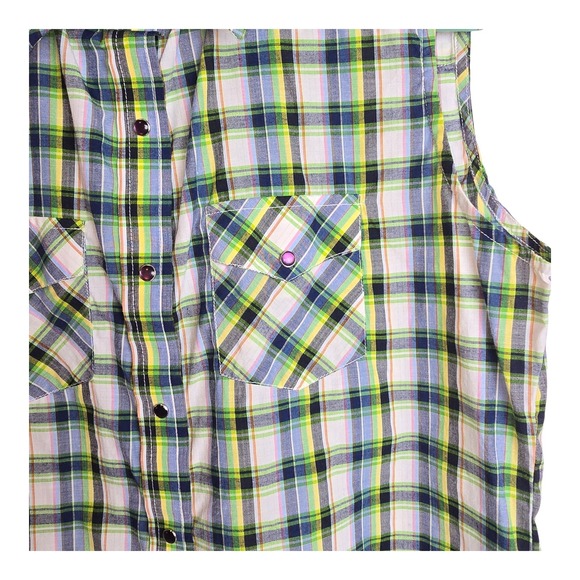 Cowgirl Shirt Womens Sz Medium Sleeveless Plaid Pearl Snap Western Purple Rodeo - Picture 6 of 9